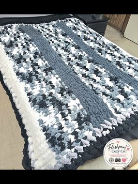 Hand Knitted Throw Blanket in Gray, White & Black